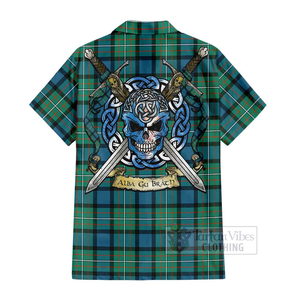 Tartan Vibes Clothing Ferguson (Fergusson) Tartan Short Sleeve Button Shirt with Family Crest Celtic Skull Style