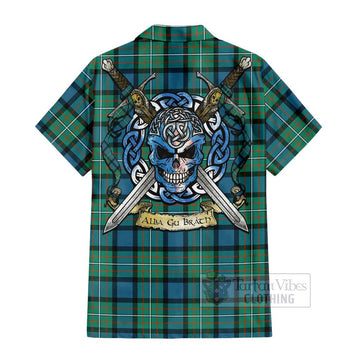 Ferguson (Fergusson) Tartan Short Sleeve Button Shirt with Family Crest Celtic Skull Style