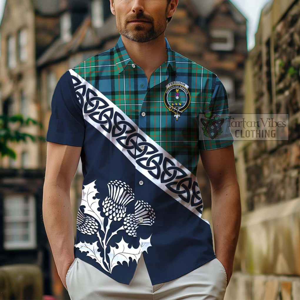 Tartan Vibes Clothing Ferguson (Fergusson) Tartan Short Sleeve Button Shirt Featuring Thistle and Scotland Map