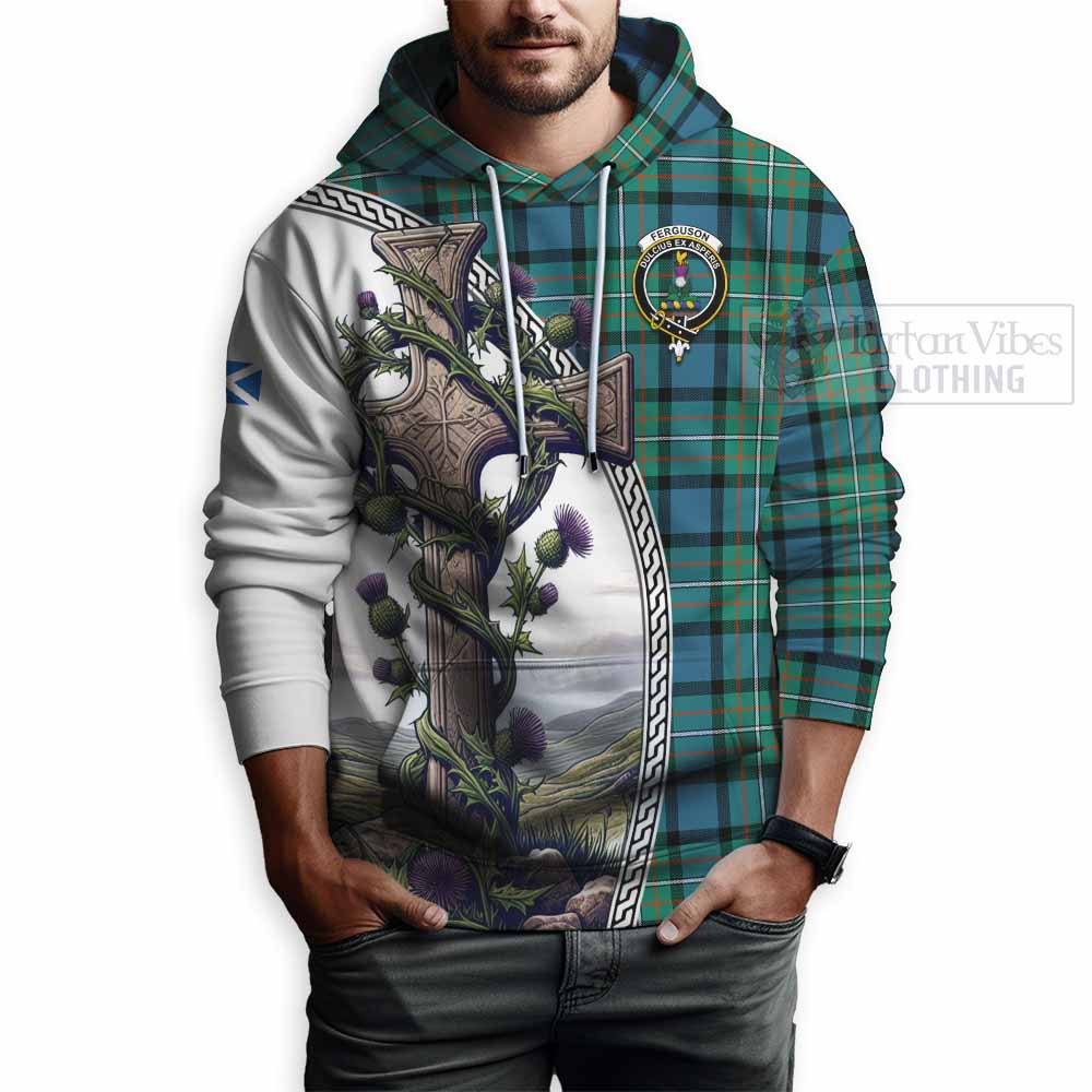 Tartan Vibes Clothing Ferguson (Fergusson) Tartan Hoodie with Family Crest and St. Andrew's Cross Accented by Thistle Vines