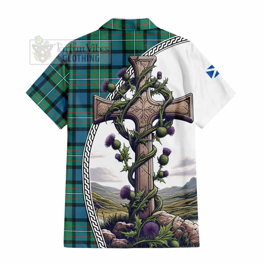 Tartan Vibes Clothing Ferguson (Fergusson) Tartan Short Sleeve Button Shirt with Family Crest and St. Andrew's Cross Accented by Thistle Vines