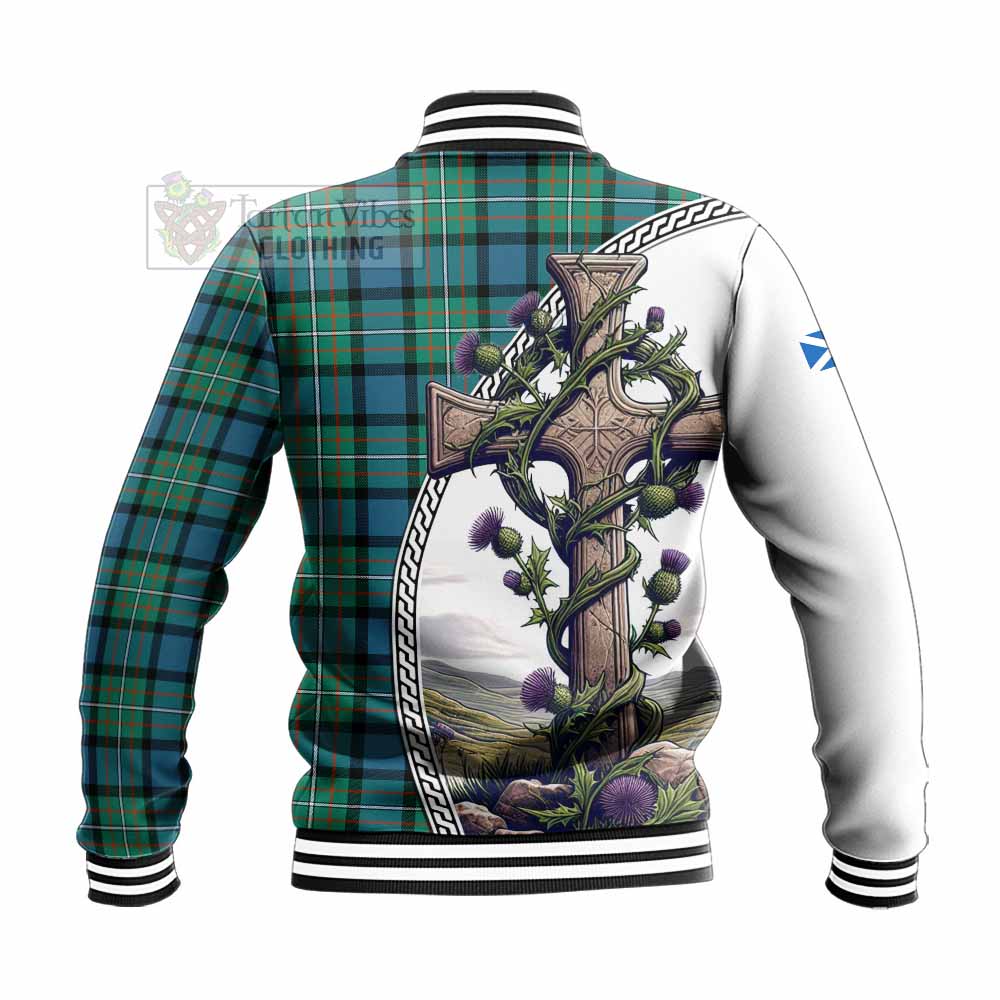 Tartan Vibes Clothing Ferguson (Fergusson) Tartan Baseball Jacket with Family Crest and St. Andrew's Cross Accented by Thistle Vines