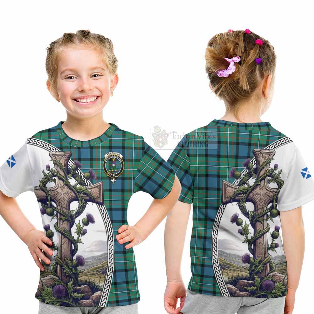 Tartan Vibes Clothing Ferguson (Fergusson) Tartan Kid T-Shirt with Family Crest and St. Andrew's Cross Accented by Thistle Vines