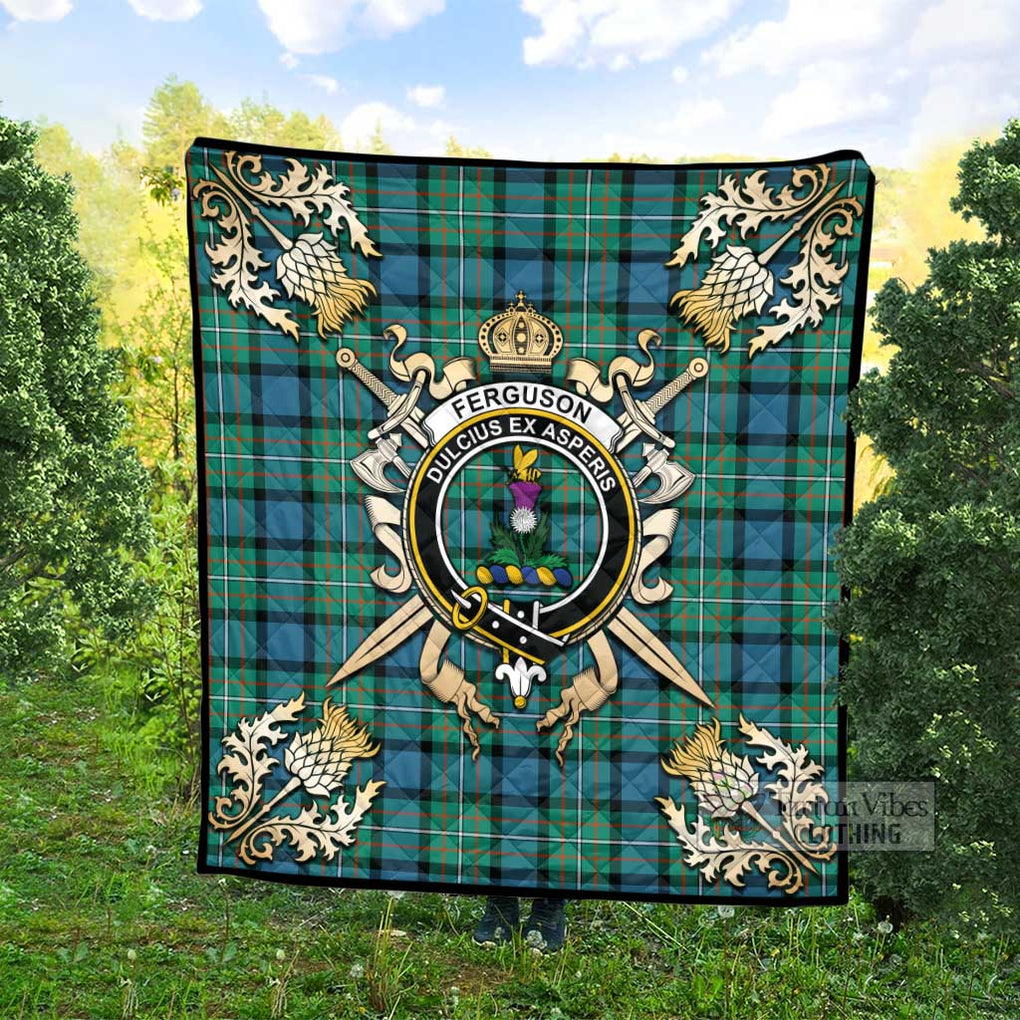 Tartan Vibes Clothing Ferguson (Fergusson) Tartan Quilt with Family Crest and Scottish Golden Courage Shield