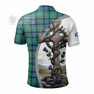 Ferguson (Fergusson) Tartan Polo Shirt with Family Crest and St. Andrew's Cross Accented by Thistle Vines