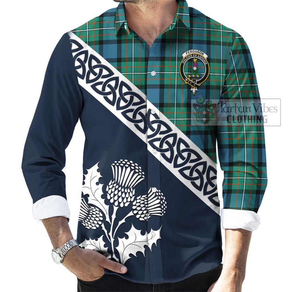 Tartan Vibes Clothing Ferguson (Fergusson) Tartan Long Sleeve Button Shirt Featuring Thistle and Scotland Map