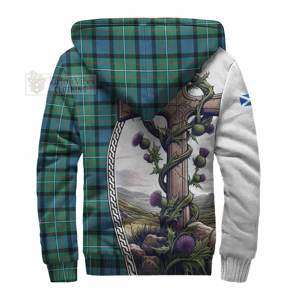 Tartan Vibes Clothing Ferguson (Fergusson) Tartan Sherpa Hoodie with Family Crest and St. Andrew's Cross Accented by Thistle Vines