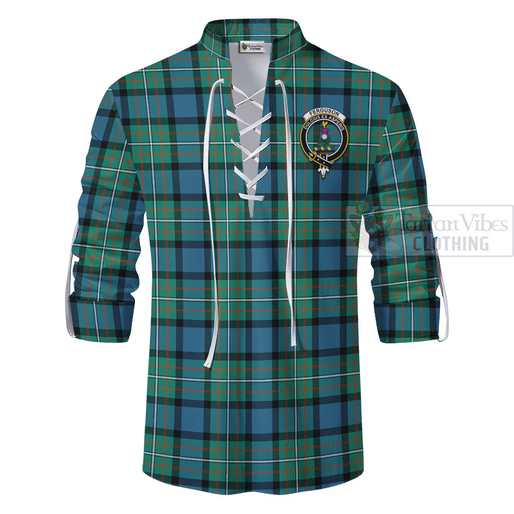 Tartan Vibes Clothing Ferguson (Fergusson) Tartan Ghillie Kilt Shirt with Family Crest and Bearded Skull Holding Bottles of Whiskey