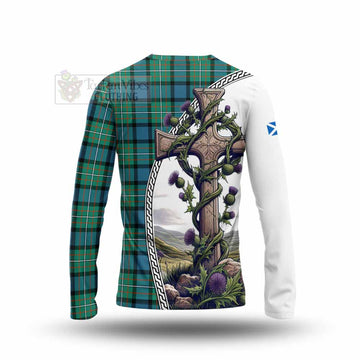 Ferguson (Fergusson) Tartan Long Sleeve T-Shirt with Family Crest and St. Andrew's Cross Accented by Thistle Vines