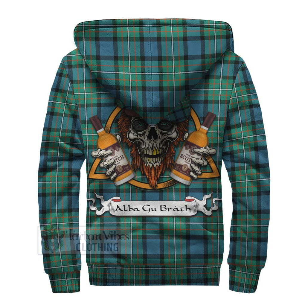 Tartan Vibes Clothing Ferguson (Fergusson) Tartan Sherpa Hoodie with Family Crest and Bearded Skull Holding Bottles of Whiskey