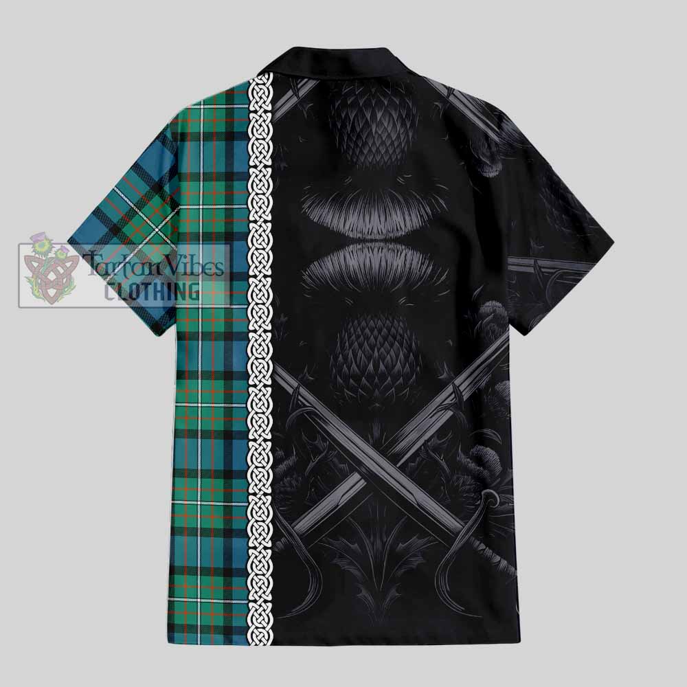 Tartan Vibes Clothing Ferguson (Fergusson) Tartan Short Sleeve Button Shirt with Family Crest Cross Sword Thistle Celtic Vibes