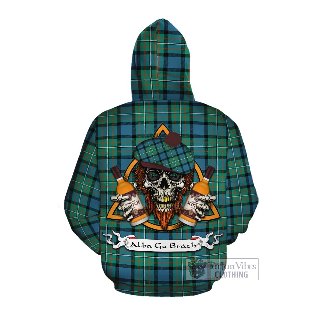 Tartan Vibes Clothing Ferguson (Fergusson) Tartan Cotton Hoodie with Family Crest and Bearded Skull Holding Bottles of Whiskey