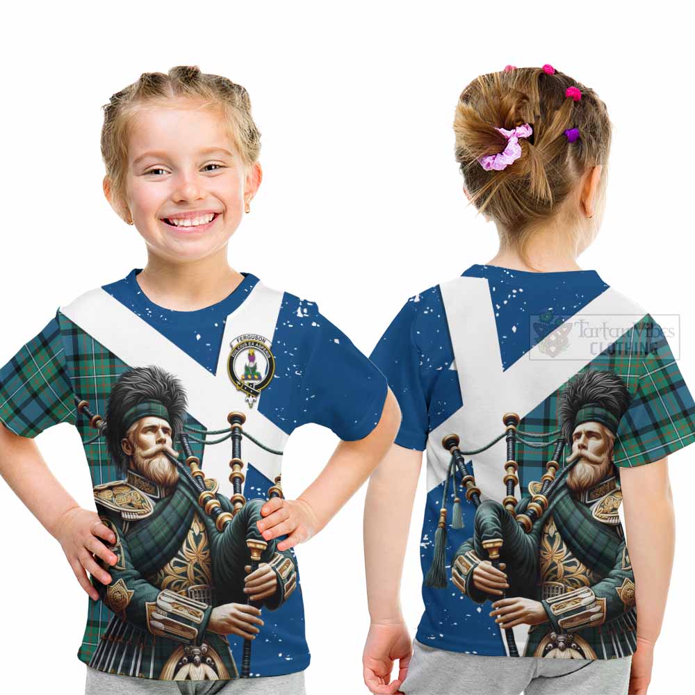 Tartan Vibes Clothing Ferguson (Fergusson) Tartan Kid T-Shirt with Family Crest Scottish Bagpiper Vibes