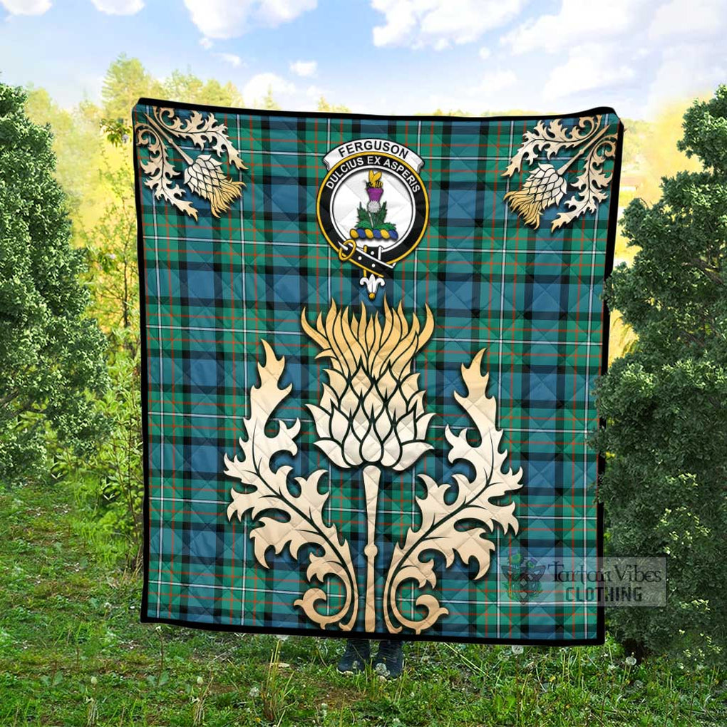 Tartan Vibes Clothing Ferguson (Fergusson) Tartan Quilt with Family Crest and Golden Thistle Style