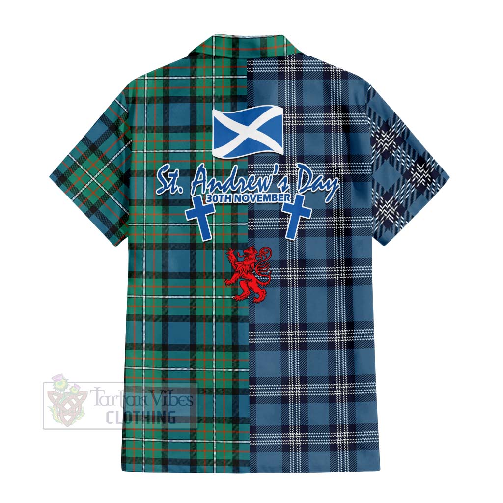 Tartan Vibes Clothing Ferguson (Fergusson) Tartan Short Sleeve Button Shirt Happy St. Andrew's Day Half Tartan Style