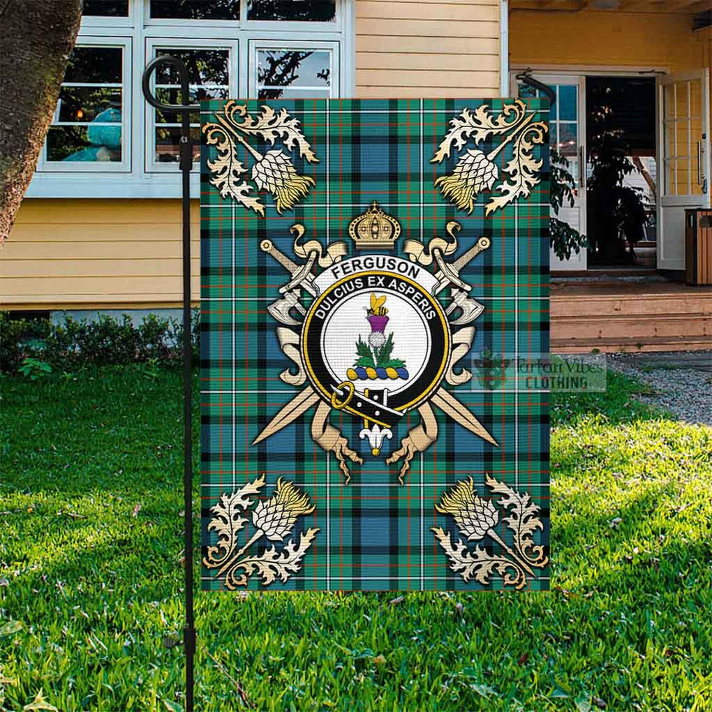 Tartan Vibes Clothing Ferguson (Fergusson) Tartan Flag with Family Crest and Golden Thistle Crossed Sword Design