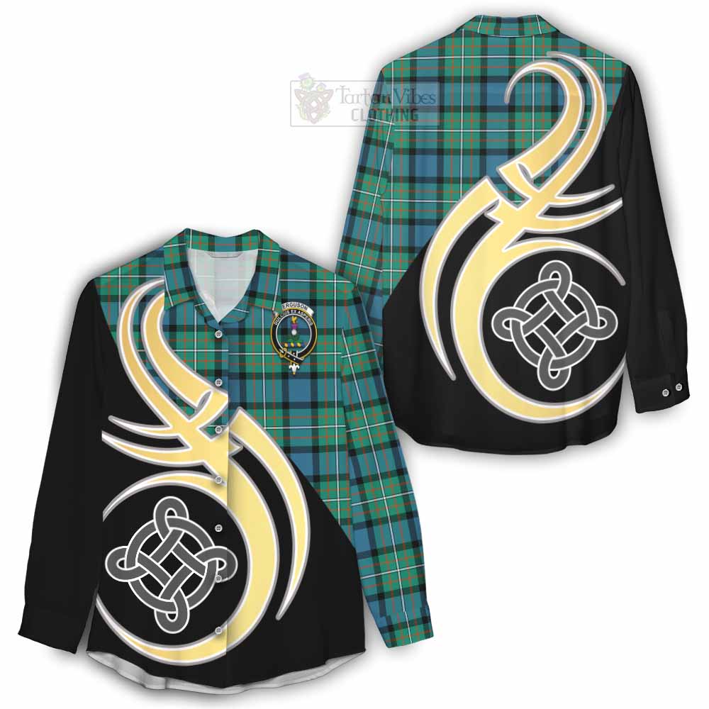 Tartan Vibes Clothing Ferguson (Fergusson) Tartan Women's Casual Shirt with Family Crest and Celtic Symbol Style