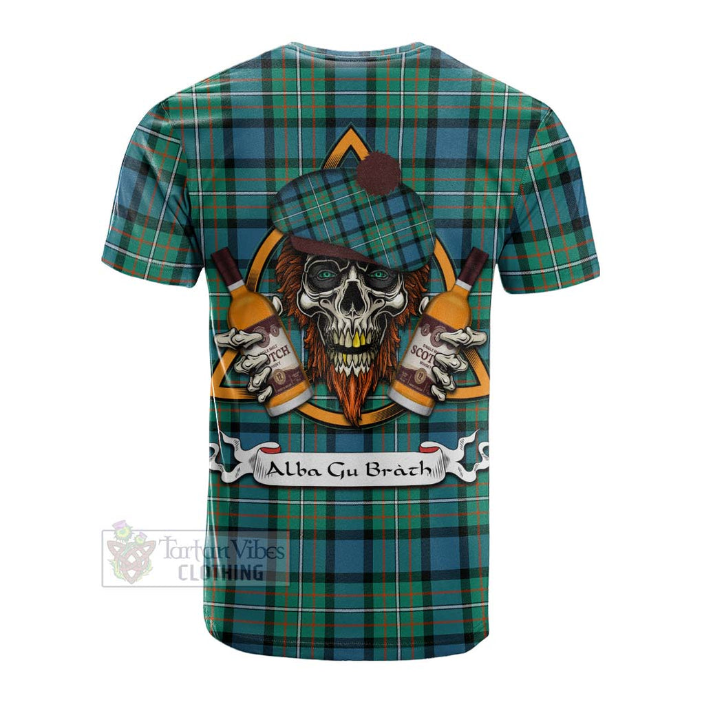 Tartan Vibes Clothing Ferguson (Fergusson) Tartan Cotton T-shirt with Family Crest and Bearded Skull Holding Bottles of Whiskey