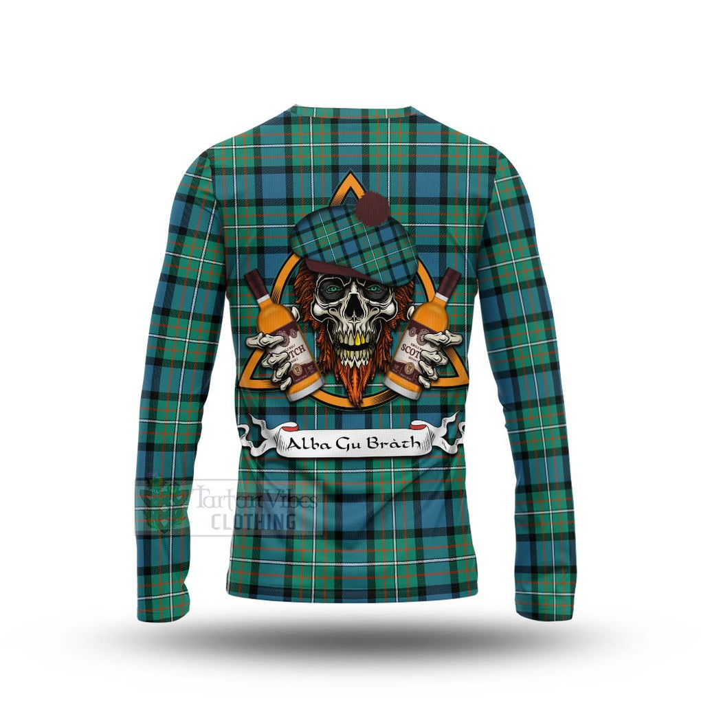 Tartan Vibes Clothing Ferguson (Fergusson) Tartan Long Sleeve T-Shirt with Family Crest and Bearded Skull Holding Bottles of Whiskey