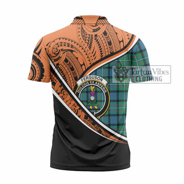 Ferguson (Fergusson) Crest Tartan Zipper Polo Shirt with Polynesian Vibes Style - Orange Version