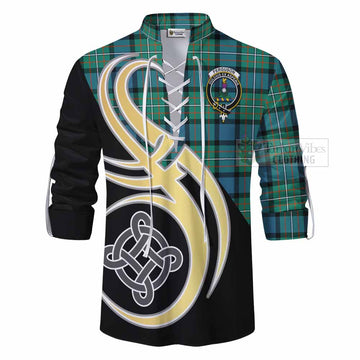 Ferguson (Fergusson) Tartan Ghillie Kilt Shirt with Family Crest and Celtic Symbol Style