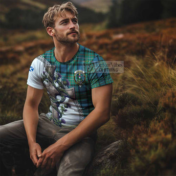 Ferguson (Fergusson) Tartan T-Shirt with Family Crest and St. Andrew's Cross Accented by Thistle Vines