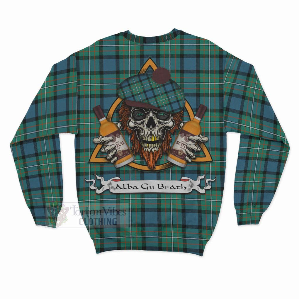 Tartan Vibes Clothing Ferguson (Fergusson) Tartan Sweatshirt with Family Crest and Bearded Skull Holding Bottles of Whiskey