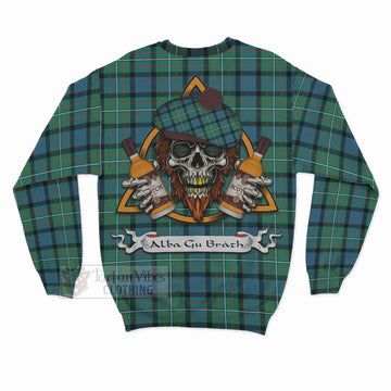 Ferguson (Fergusson) Tartan Sweatshirt with Family Crest and Bearded Skull Holding Bottles of Whiskey