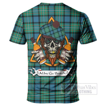 Ferguson (Fergusson) Tartan T-Shirt with Family Crest and Bearded Skull Holding Bottles of Whiskey