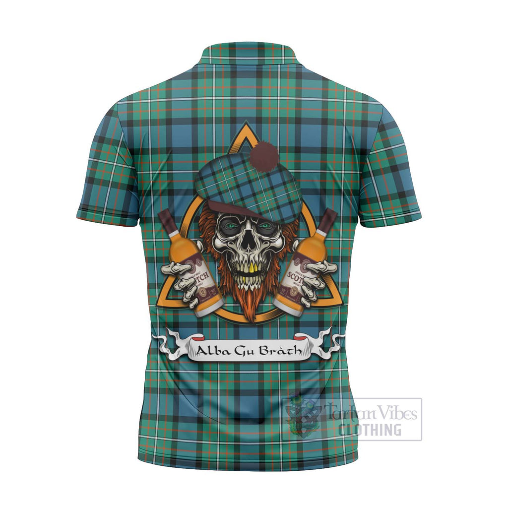 Tartan Vibes Clothing Ferguson (Fergusson) Tartan Zipper Polo Shirt with Family Crest and Bearded Skull Holding Bottles of Whiskey