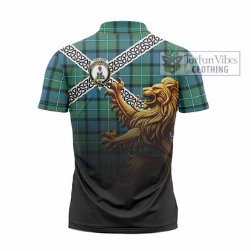 Ferguson (Fergusson) Crest Tartan Zipper Polo Shirt with Golden Lion Emblem Celtic Style - Tartan Vibes Clothing