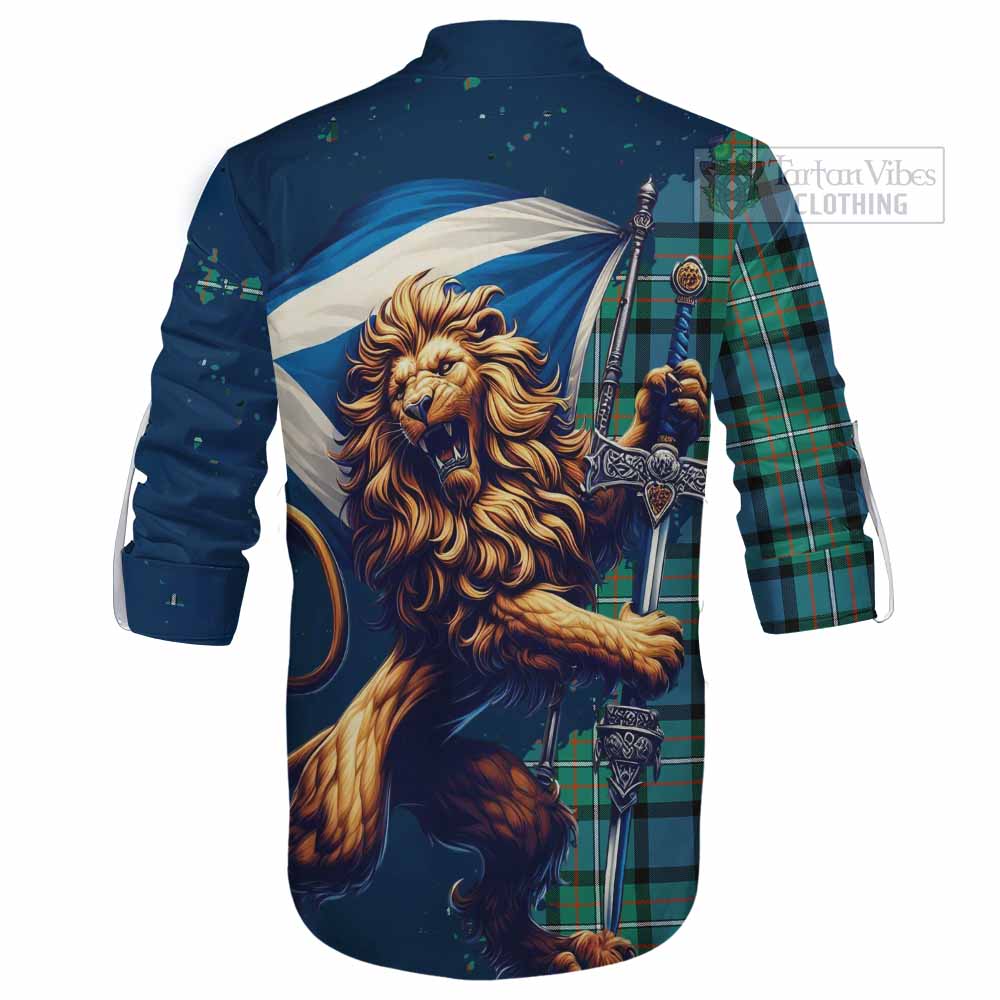 Tartan Vibes Clothing Ferguson (Fergusson) Tartan Family Crest Ghillie Kilt Shirt with Scottish Majestic Lion