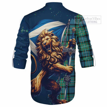 Ferguson (Fergusson) Tartan Family Crest Ghillie Kilt Shirt with Scottish Majestic Lion