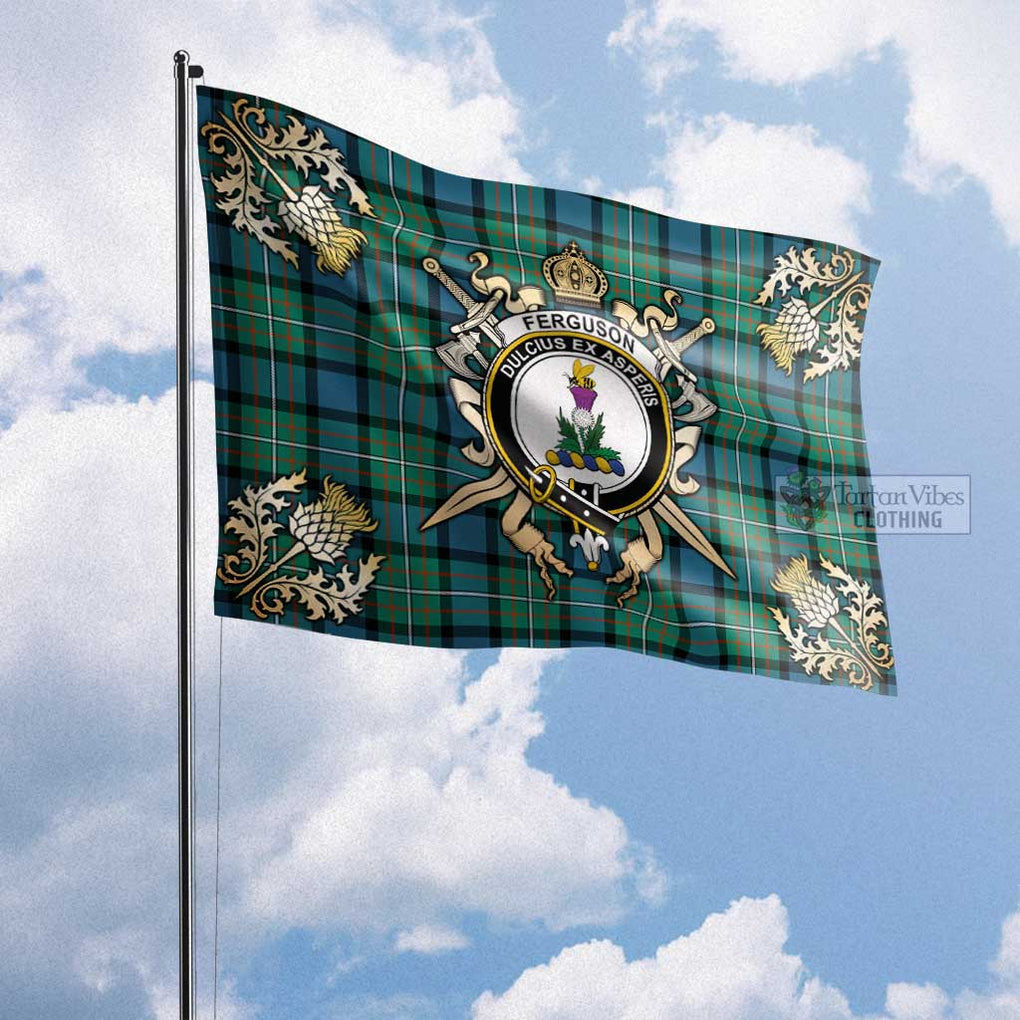 Tartan Vibes Clothing Ferguson (Fergusson) Tartan Flag with Family Crest and Golden Thistle Crossed Sword Design