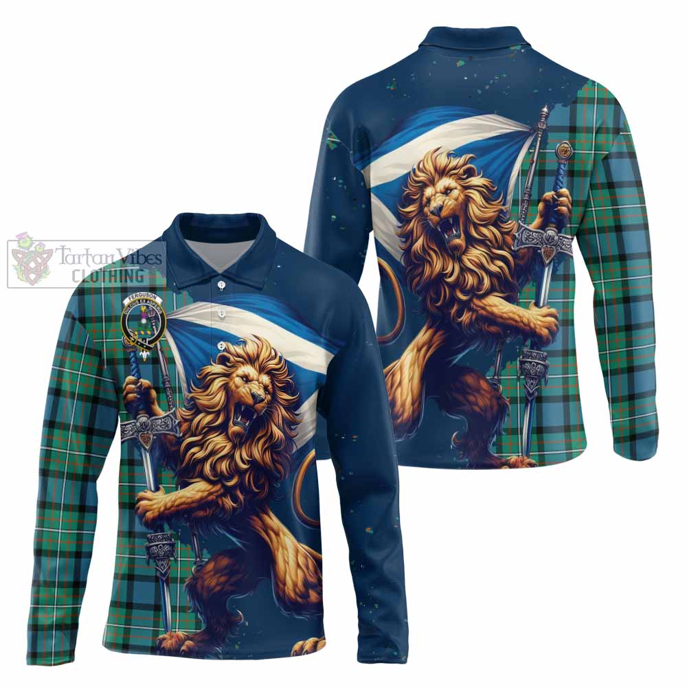 Tartan Vibes Clothing Ferguson (Fergusson) Tartan Family Crest Long Sleeve Polo Shirt with Scottish Majestic Lion