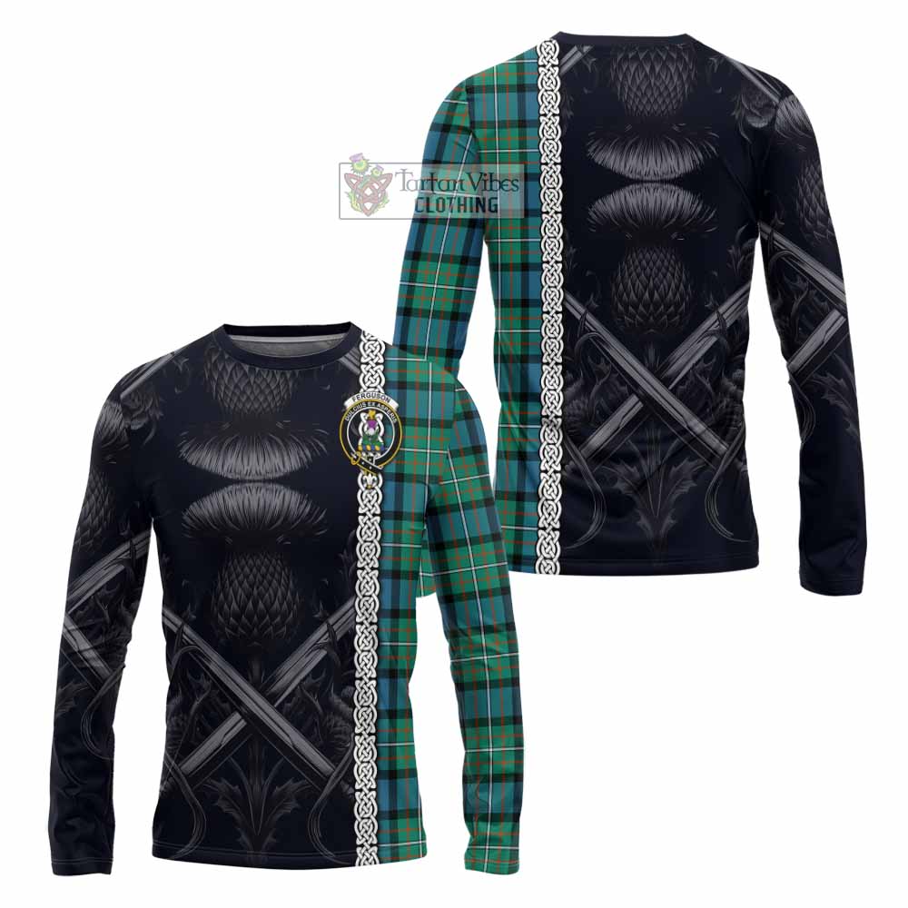 Tartan Vibes Clothing Ferguson (Fergusson) Tartan Long Sleeve T-Shirt with Family Crest Cross Sword Thistle Celtic Vibes