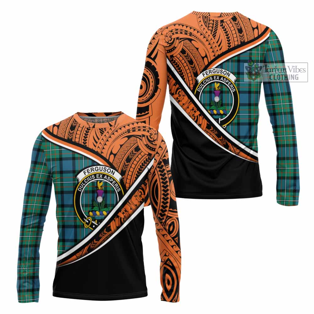 Tartan Vibes Clothing Ferguson (Fergusson) Crest Tartan Long Sleeve T-Shirt with Maori Tattoo Style - Orange Version