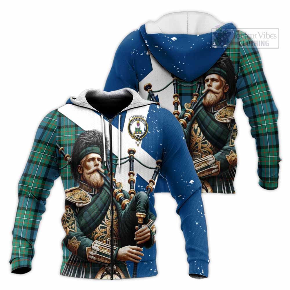 Tartan Vibes Clothing Ferguson (Fergusson) Tartan Knitted Hoodie with Family Crest Scottish Bagpiper Vibes