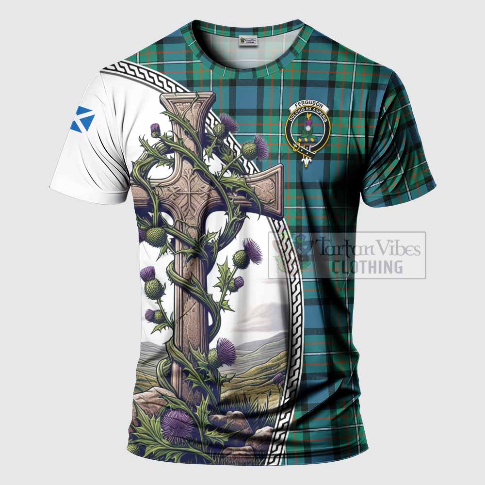 Tartan Vibes Clothing Ferguson (Fergusson) Agnew Tartan T-Shirt with Family Crest and St. Andrew's Cross Accented by Thistle Vines