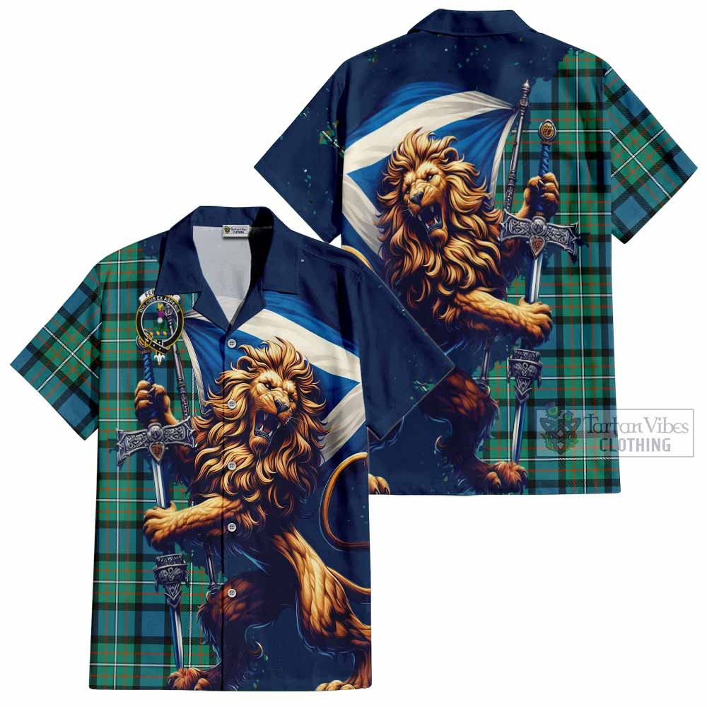 Tartan Vibes Clothing Ferguson (Fergusson) Tartan Family Crest Short Sleeve Button Shirt with Scottish Majestic Lion