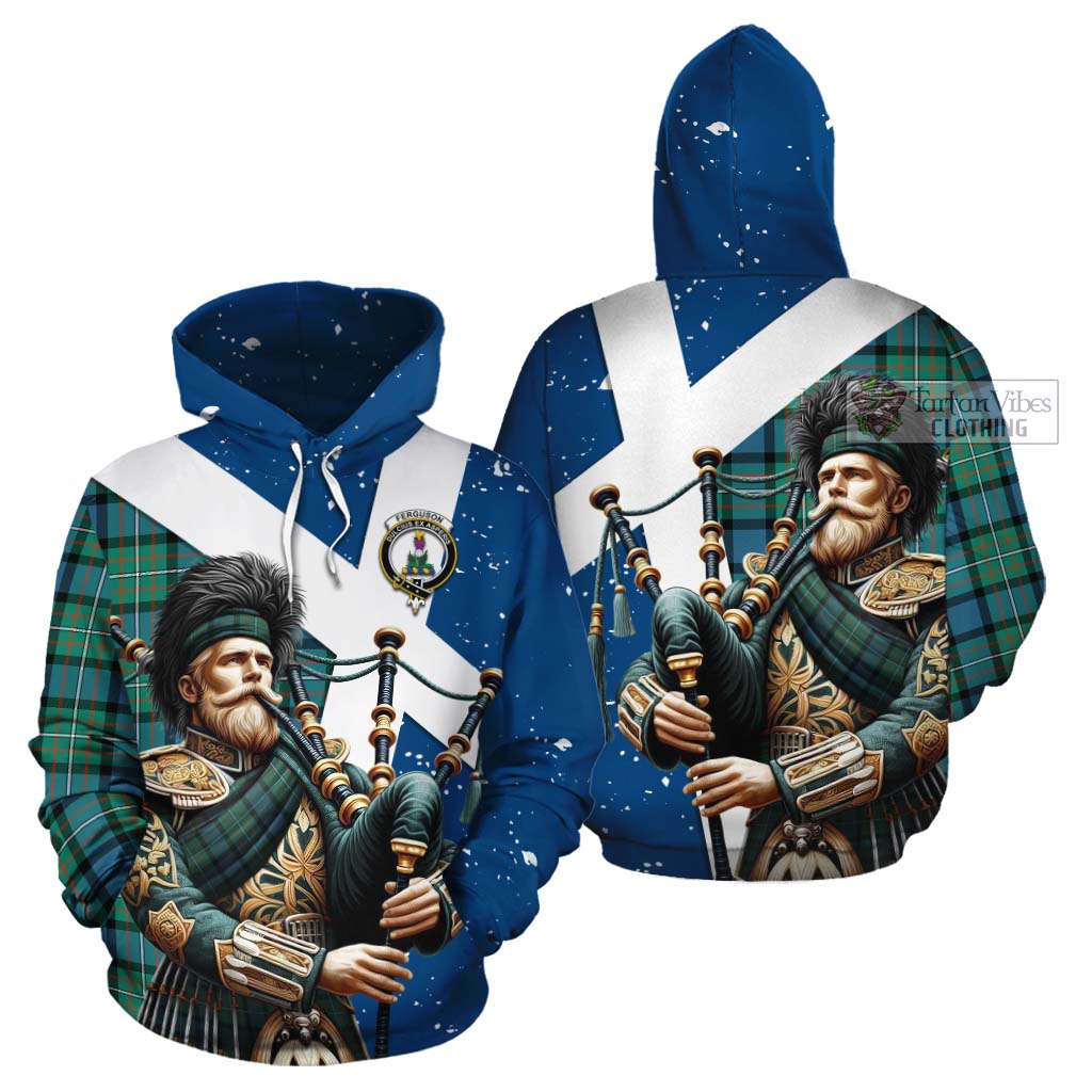 Tartan Vibes Clothing Ferguson (Fergusson) Tartan Cotton Hoodie with Family Crest Scottish Bagpiper Vibes