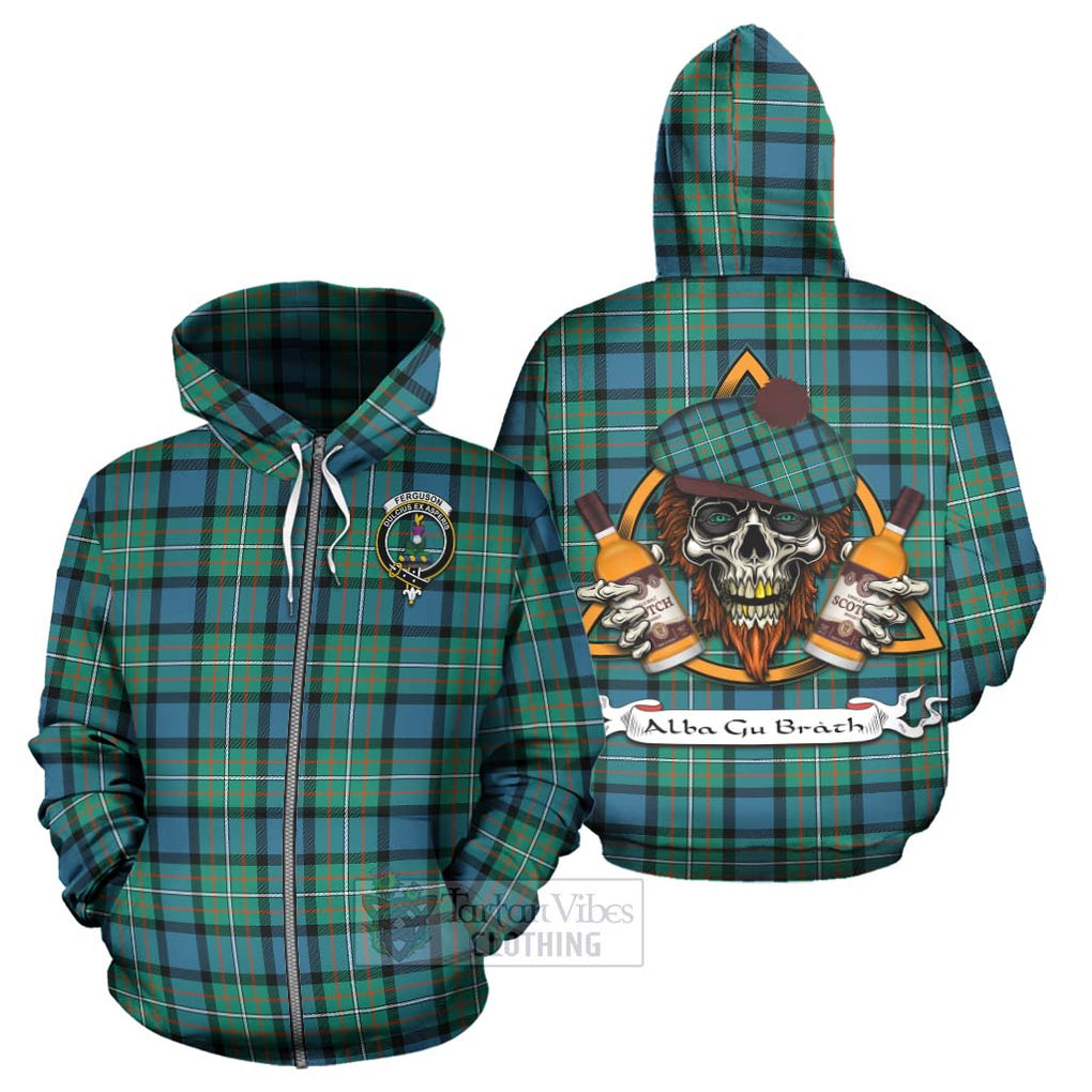 Tartan Vibes Clothing Ferguson (Fergusson) Tartan Hoodie with Family Crest and Bearded Skull Holding Bottles of Whiskey