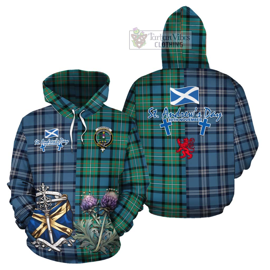 Tartan Vibes Clothing Ferguson (Fergusson) Tartan Cotton Hoodie Happy St. Andrew's Day Half Tartan Style