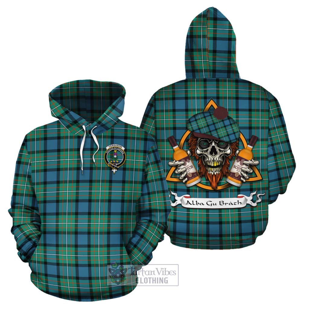 Tartan Vibes Clothing Ferguson (Fergusson) Tartan Cotton Hoodie with Family Crest and Bearded Skull Holding Bottles of Whiskey