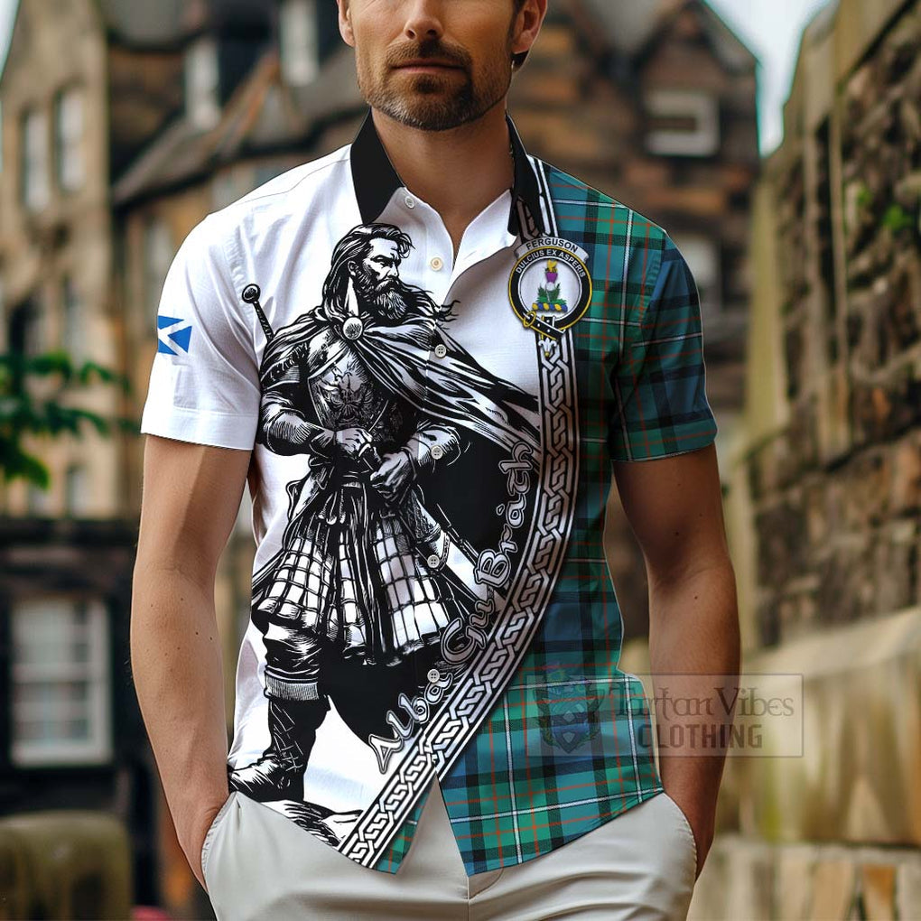 Tartan Vibes Clothing Ferguson (Fergusson) Tartan Clan Crest Short Sleeve Button Shirt with Highlander Warrior Celtic Style