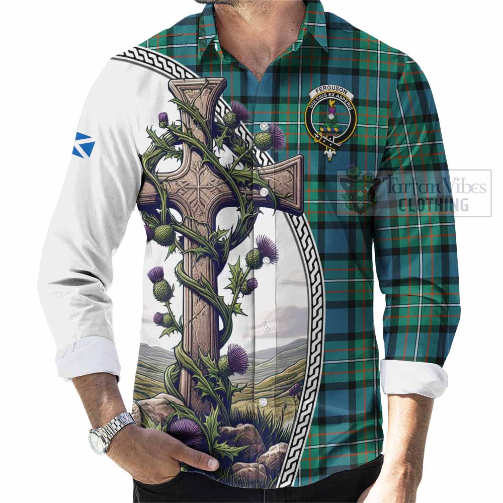 Tartan Vibes Clothing Ferguson (Fergusson) Tartan Long Sleeve Button Shirt with Family Crest and St. Andrew's Cross Accented by Thistle Vines