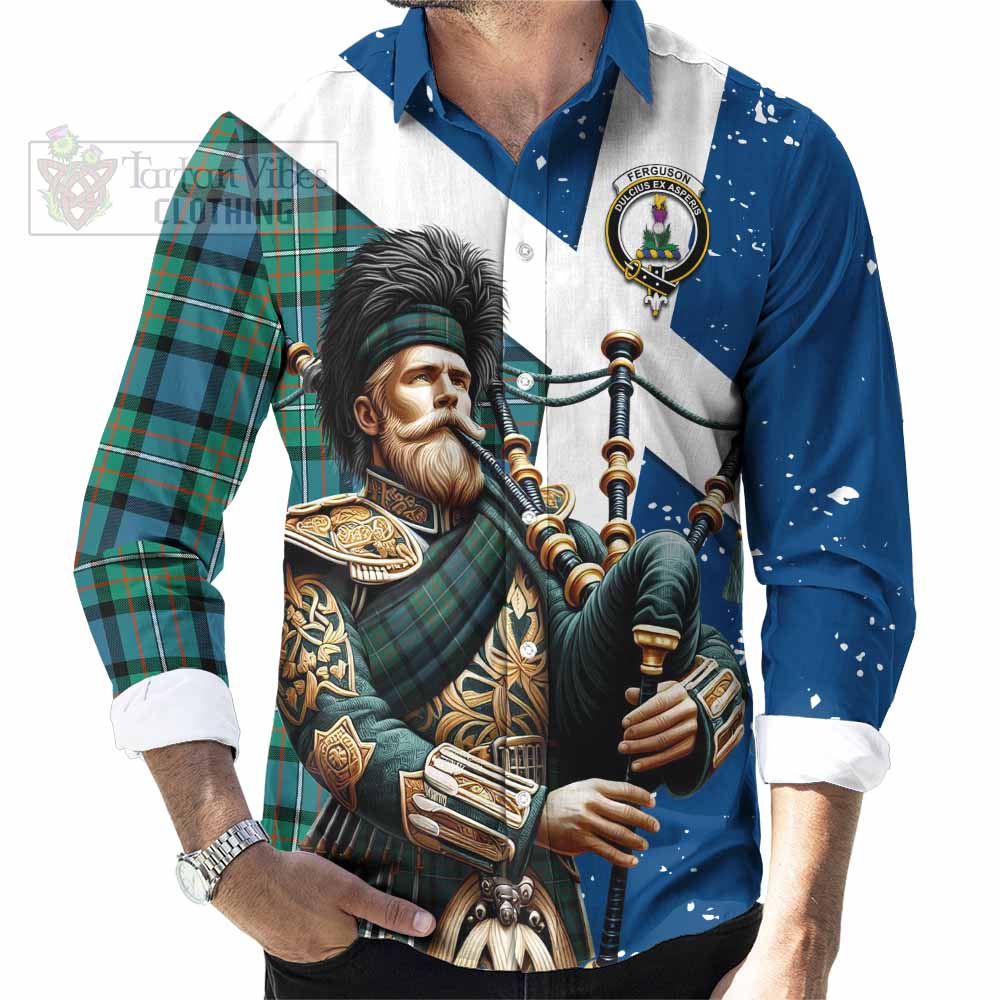 Tartan Vibes Clothing Ferguson (Fergusson) Tartan Long Sleeve Button Shirt with Family Crest Scottish Bagpiper Vibes