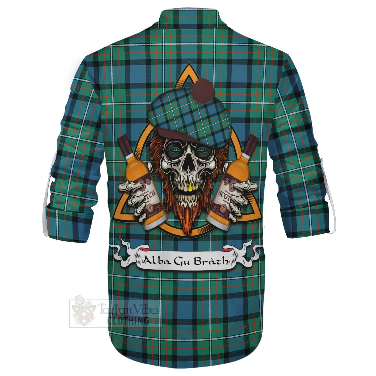 Tartan Vibes Clothing Ferguson (Fergusson) Tartan Ghillie Kilt Shirt with Family Crest and Bearded Skull Holding Bottles of Whiskey