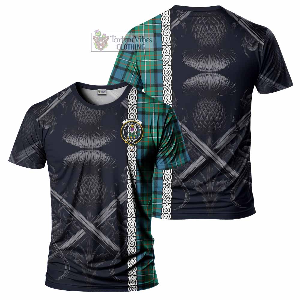 Tartan Vibes Clothing Ferguson (Fergusson) Tartan T-Shirt with Family Crest Cross Sword Thistle Celtic Vibes