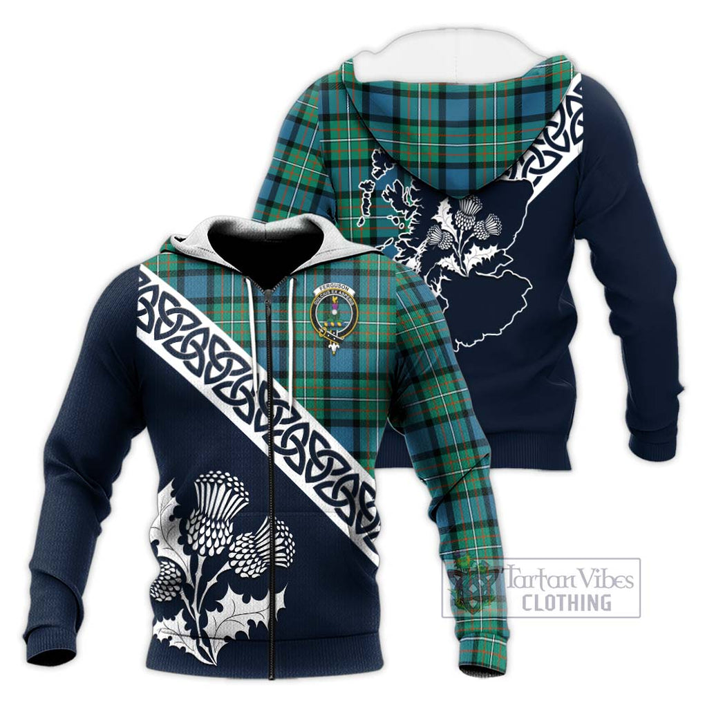 Tartan Vibes Clothing Ferguson (Fergusson) Tartan Knitted Hoodie Featuring Thistle and Scotland Map